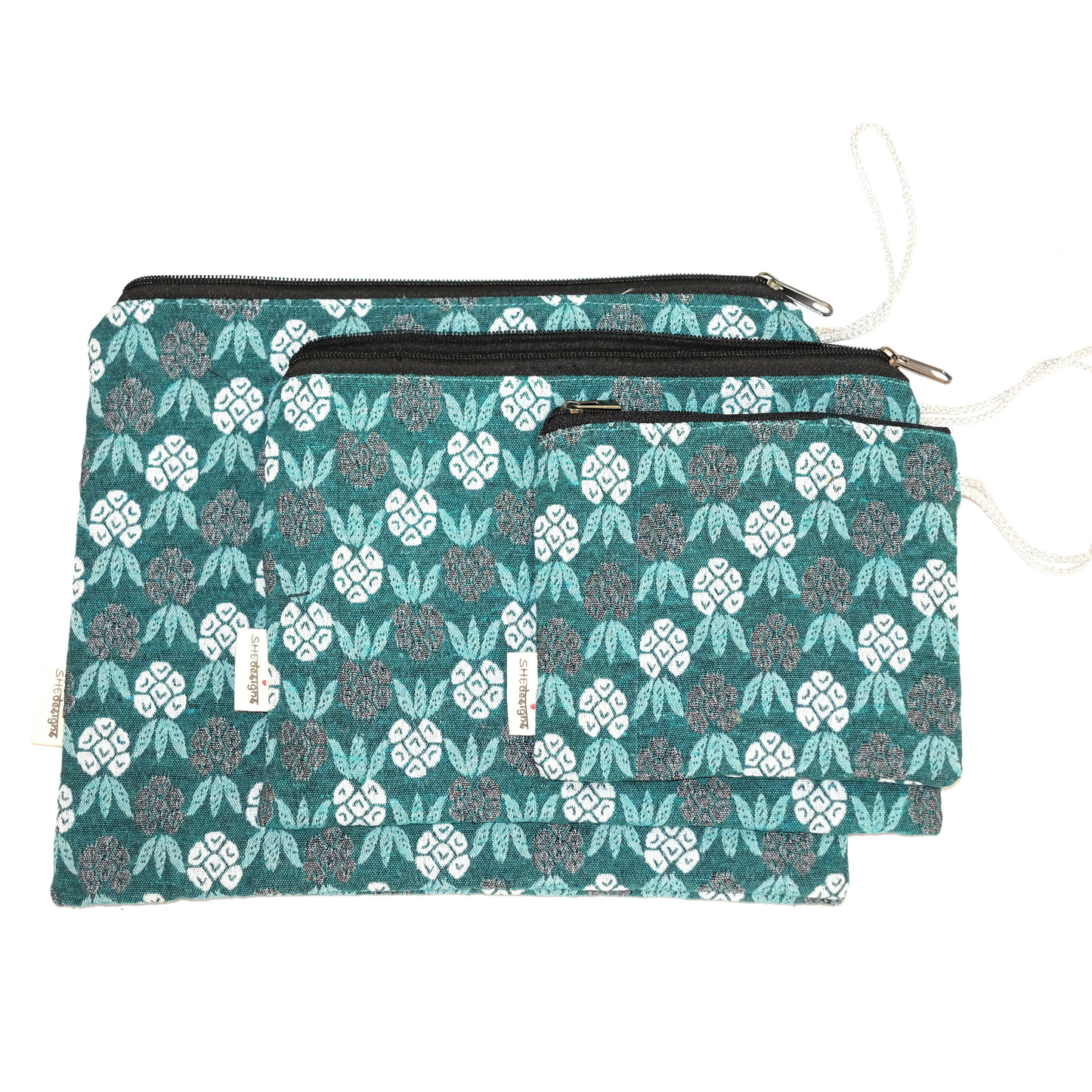 Set of 3 Zippered Dhaka Fabric Bags