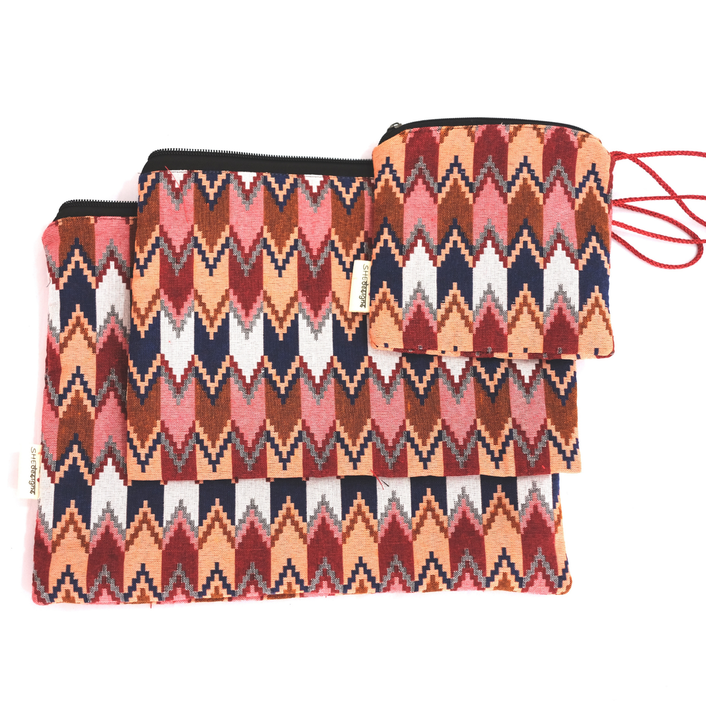 Set of 3 Zippered Dhaka Fabric Bags