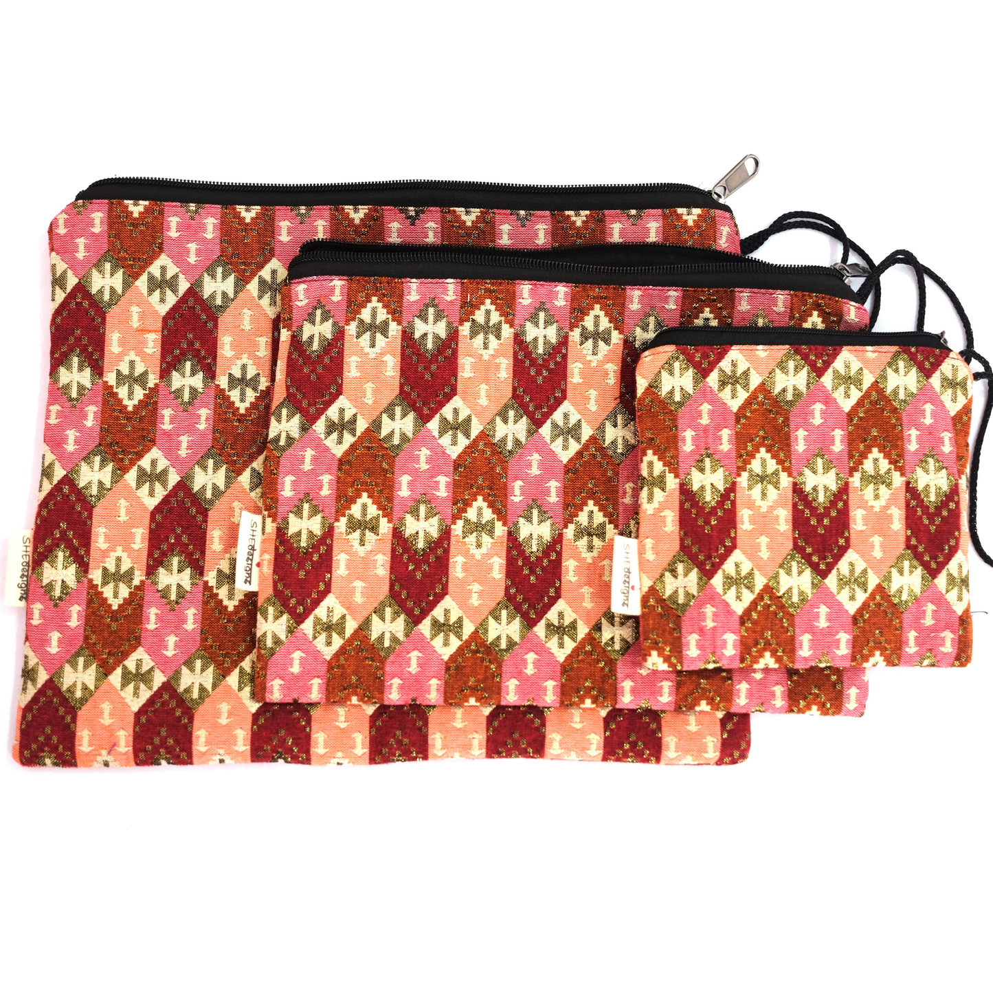 Set of 3 Zippered Dhaka Fabric Bags
