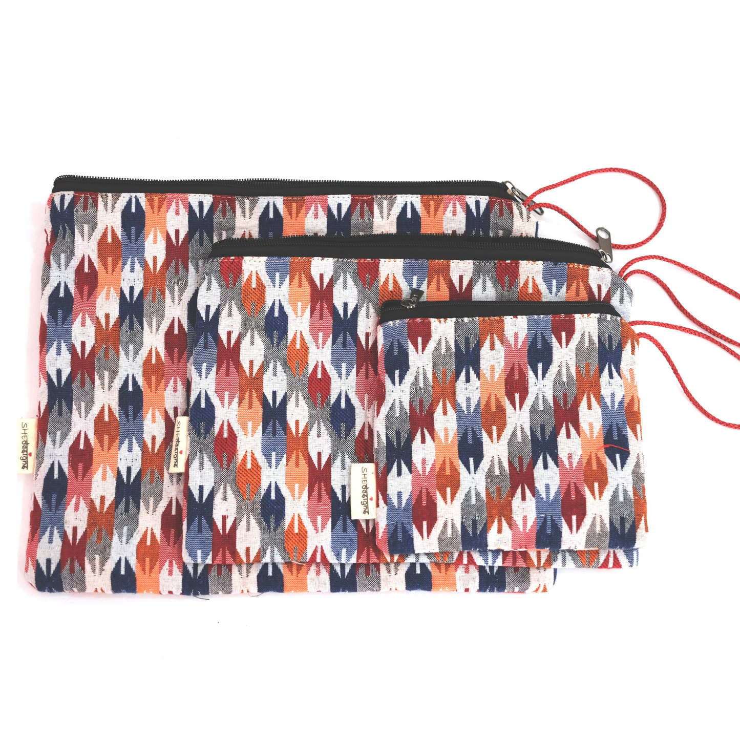 Set of 3 Zippered Dhaka Fabric Bags